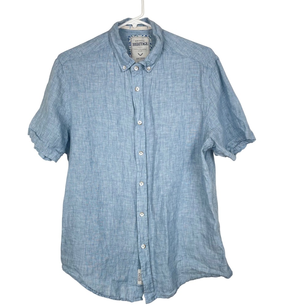 Mens Shirt Sz L 100% Linen Short Sleeve Button Down Casual Preppy Travel Office